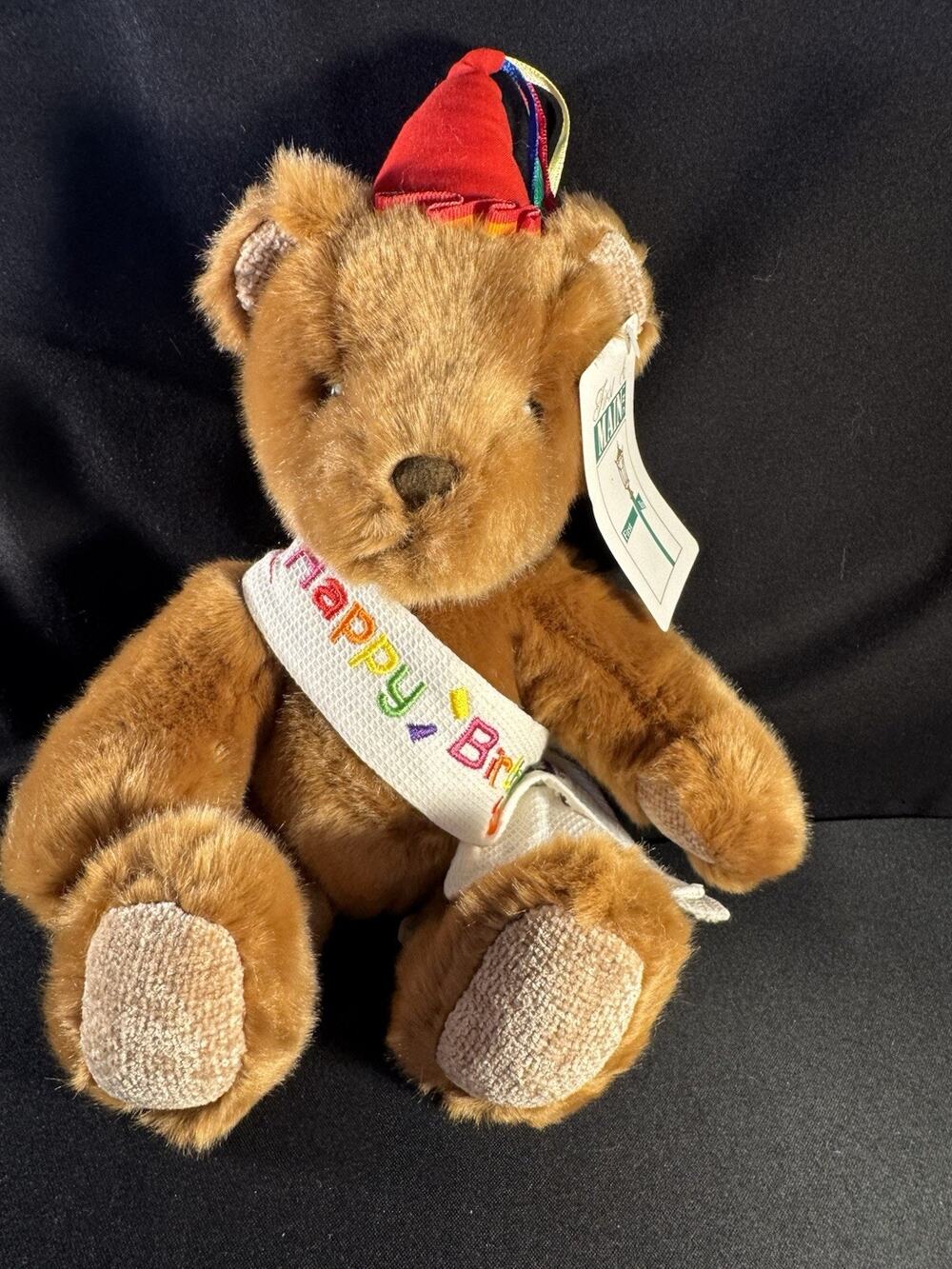 First and Main Happy Birthday Sash Filled 9" Brown Bear Wearing Party Hat (E)